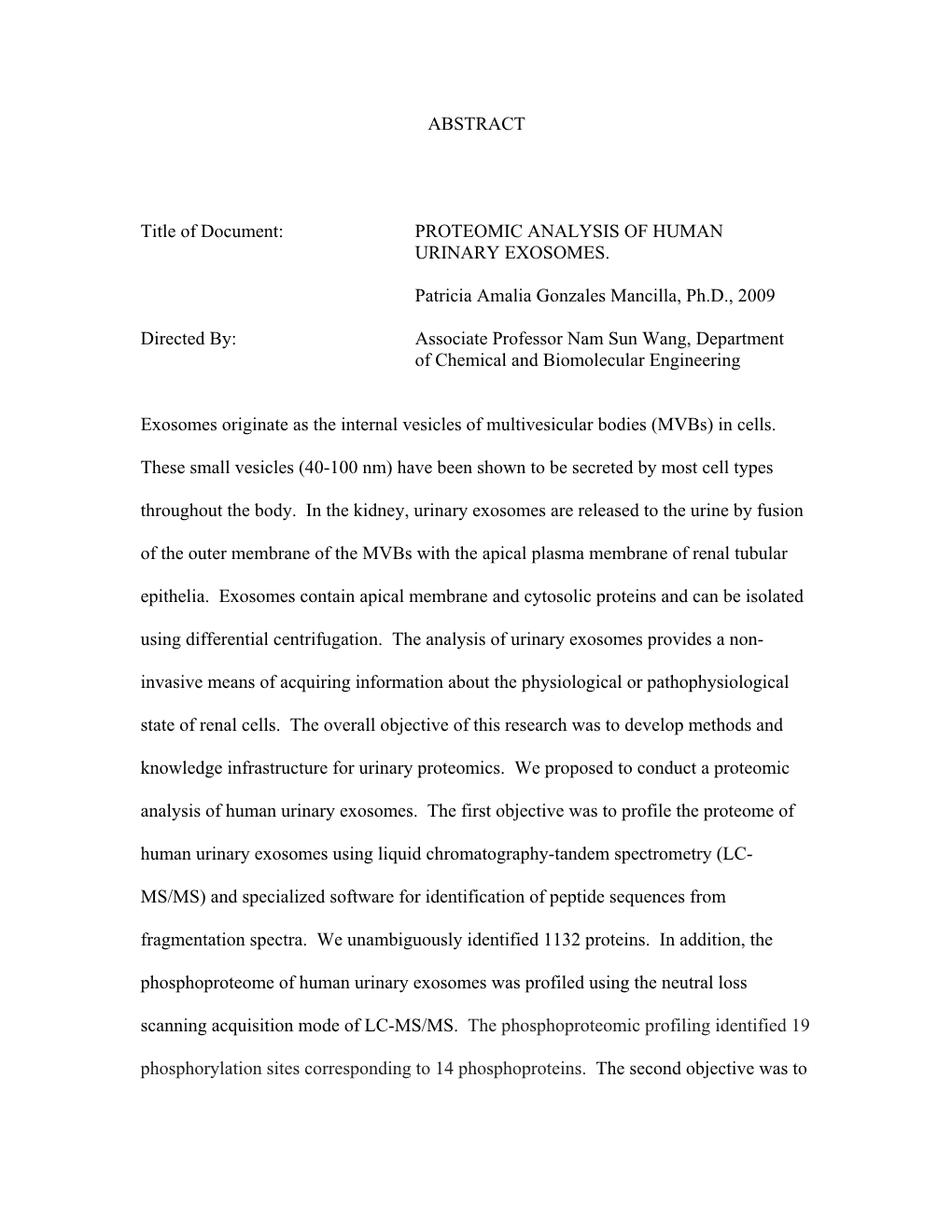 PROTEOMIC ANALYSIS of HUMAN URINARY EXOSOMES. Patricia