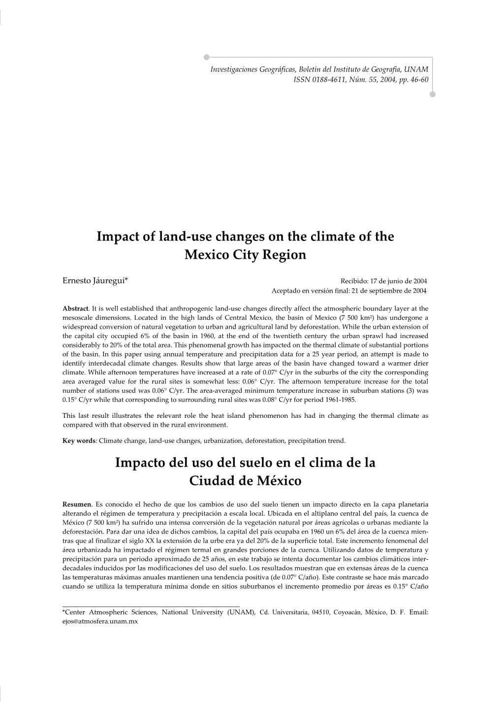 Impact of Land-Use Changes on the Climate of the Mexico City Region