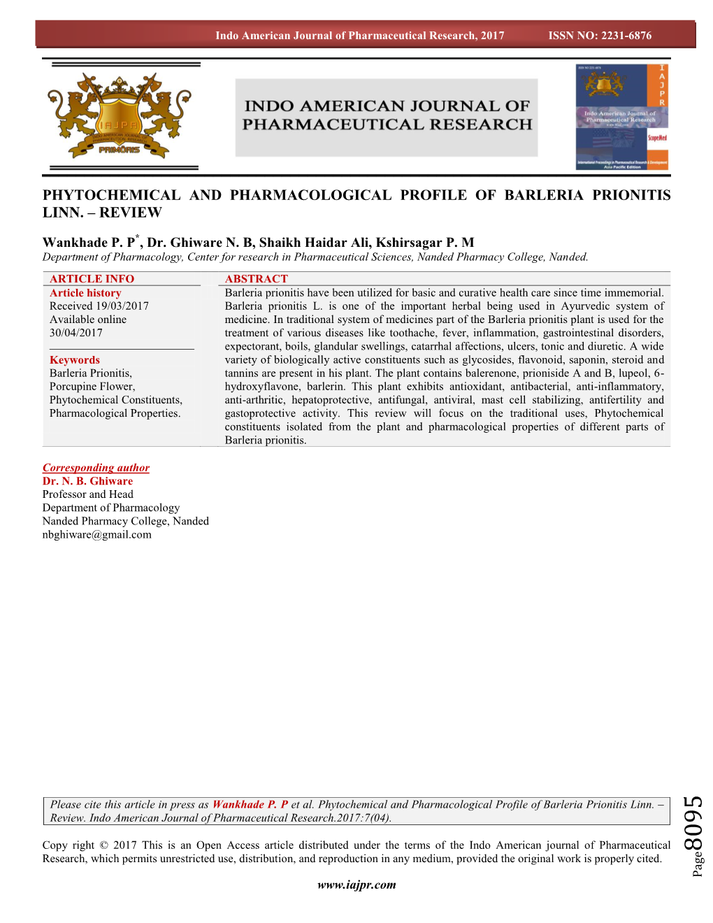 Phytochemical and Pharmacological Profile of Barleria Prionitis Linn. – Review