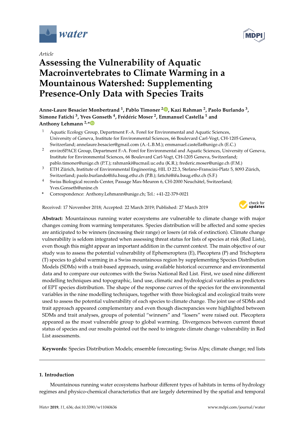 Assessing the Vulnerability of Aquatic Macroinvertebrates to Climate Warming in a Mountainous Watershed: Supplementing Presence-Only Data with Species Traits