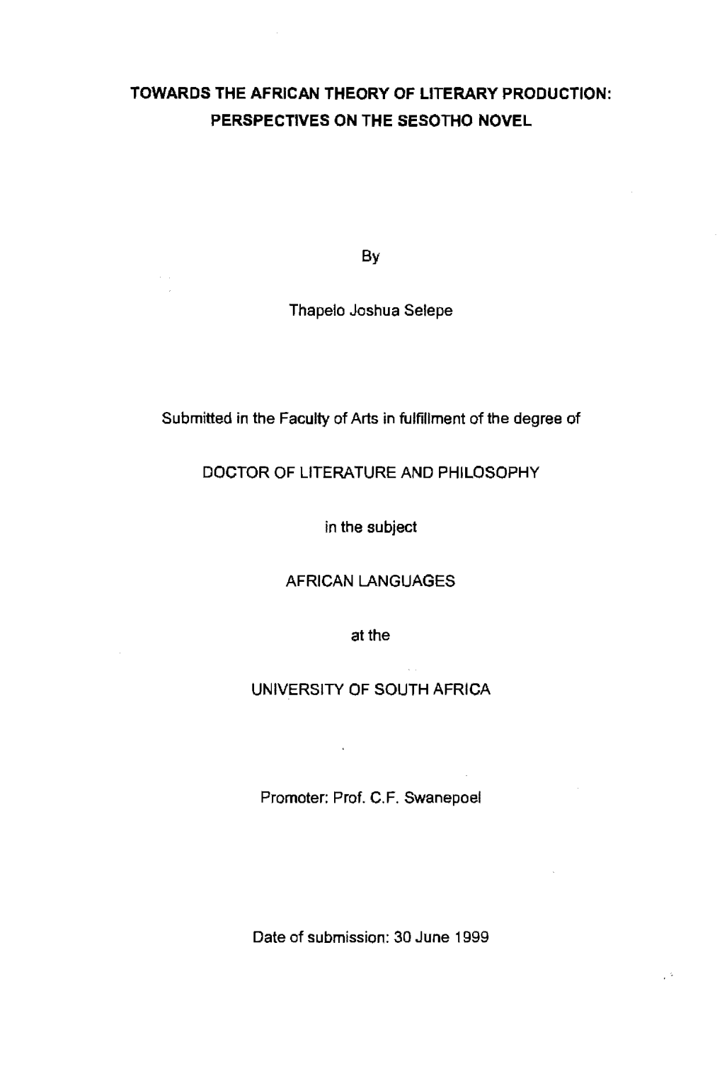 PERSPECTIVES on the SESOTHO NOVEL by Thapelo Joshua Selepe