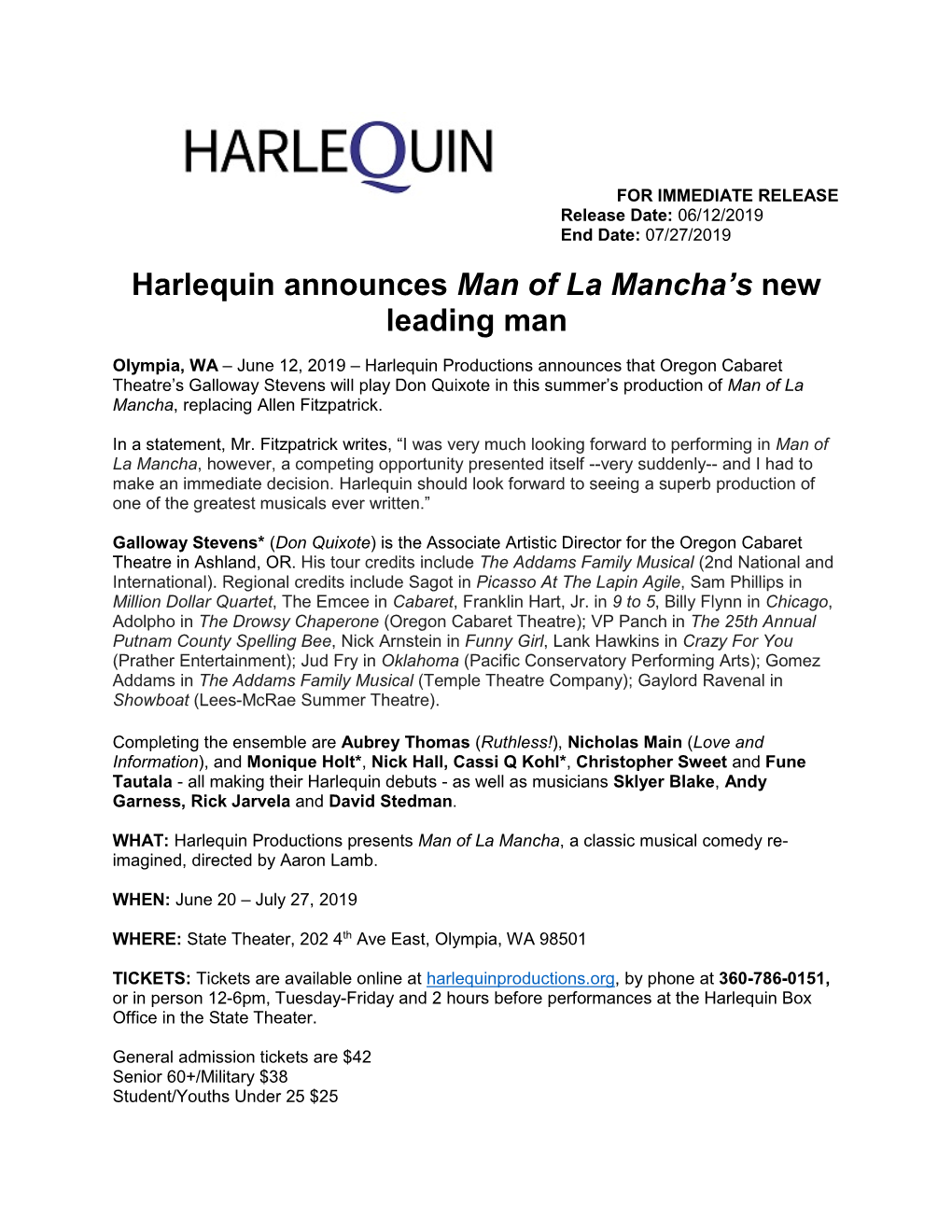 Harlequin Announces Man of La Mancha's New Leading