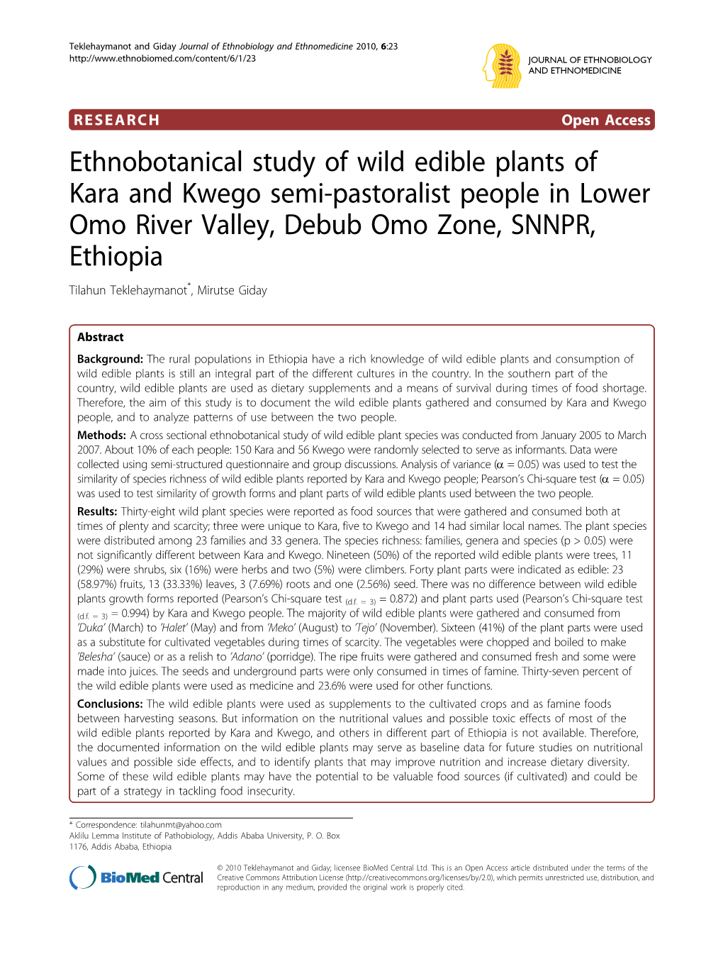 Ethnobotanical Study of Wild Edible Plants of Kara And