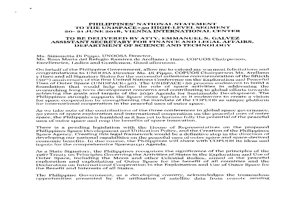 PHILIPPINES’ NATIONAL STATEMENT to the UNISPACE+5O HIGH-LEVEL SEGMENT 20-21 JUNE 2018, VIENNA INTERNATIONAL CENTER