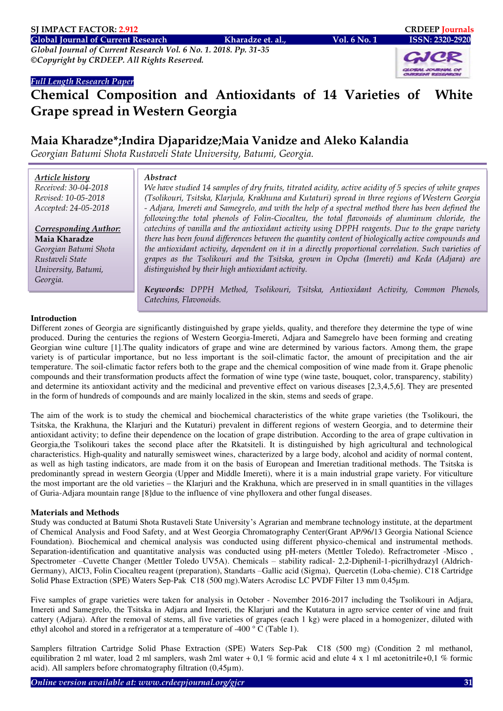 Chemical Composition and Antioxidants of 14 Varieties of White Grape Spread in Western Georgia