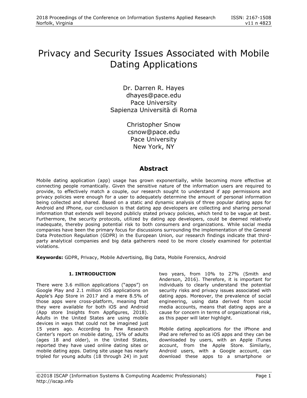 Privacy and Security Issues Associated with Mobile Dating Applications