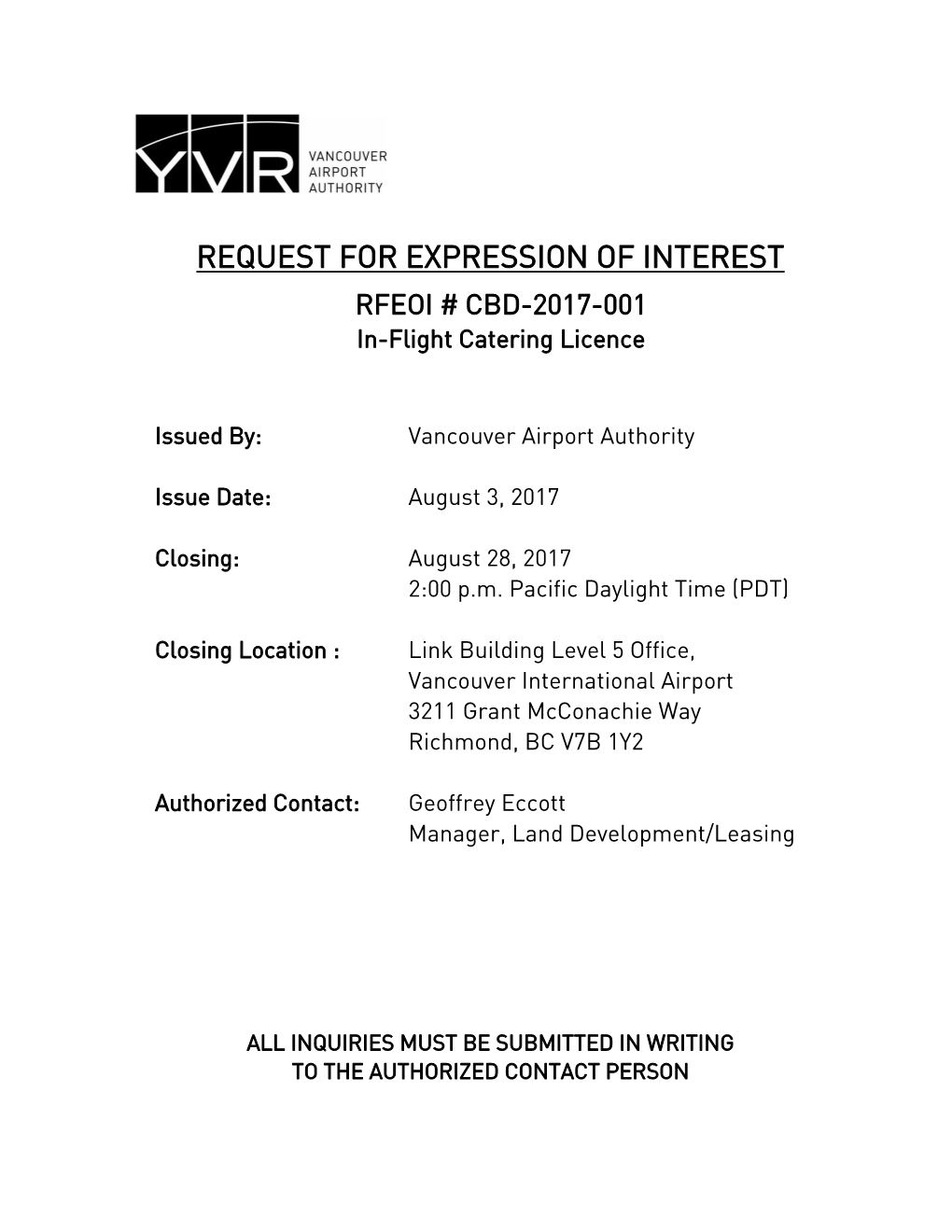 REQUEST for EXPRESSION of INTEREST RFEOI # CBD-2017-001 In-Flight Catering Licence