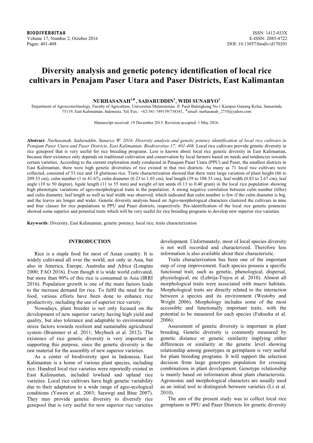 Diversity Analysis and Genetic Potency Identification of Local Rice Cultivars in Penajam Paser Utara and Paser Districts, East Kalimantan