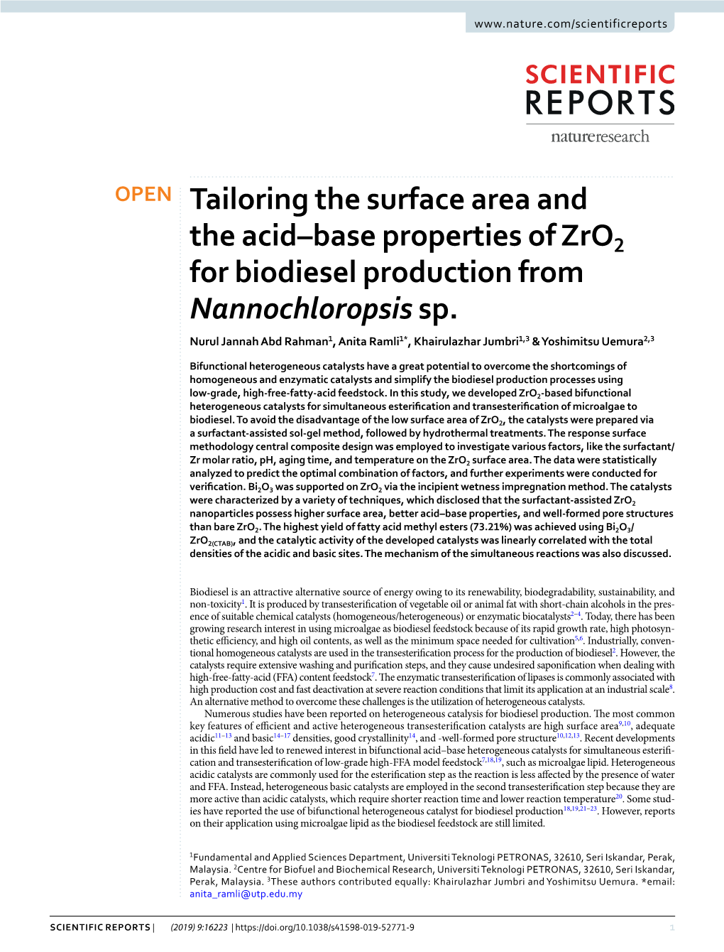 Tailoring the Surface Area and the Acid–Base Properties of Zro2 for Biodiesel Production from Nannochloropsis Sp