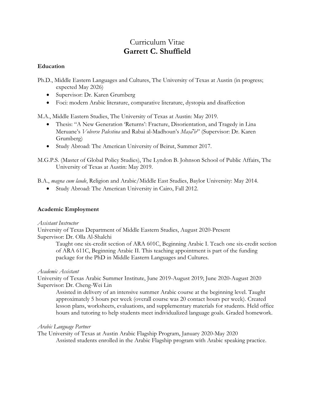 Curriculum Vitae Garrett C. Shuffield