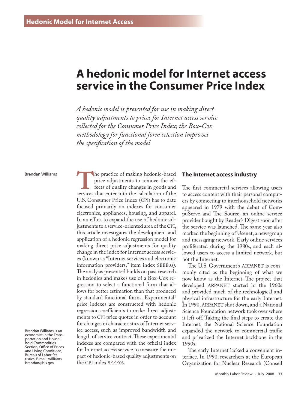 A Hedonic Model for Internet Access Service in the Consumer Price Index