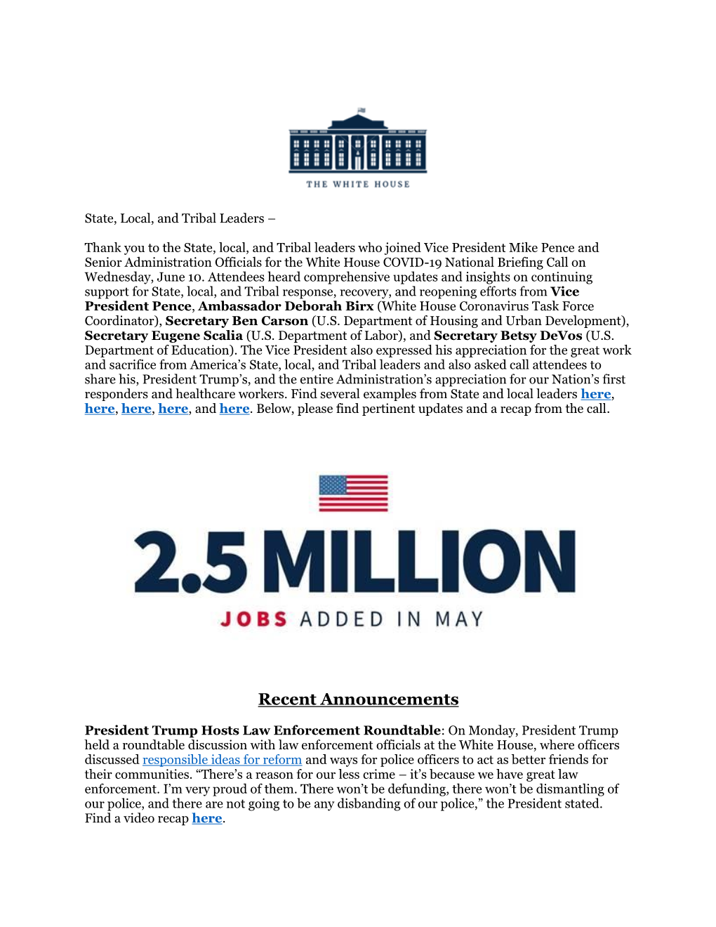 Notes from White House Briefing Call 6.10.2020