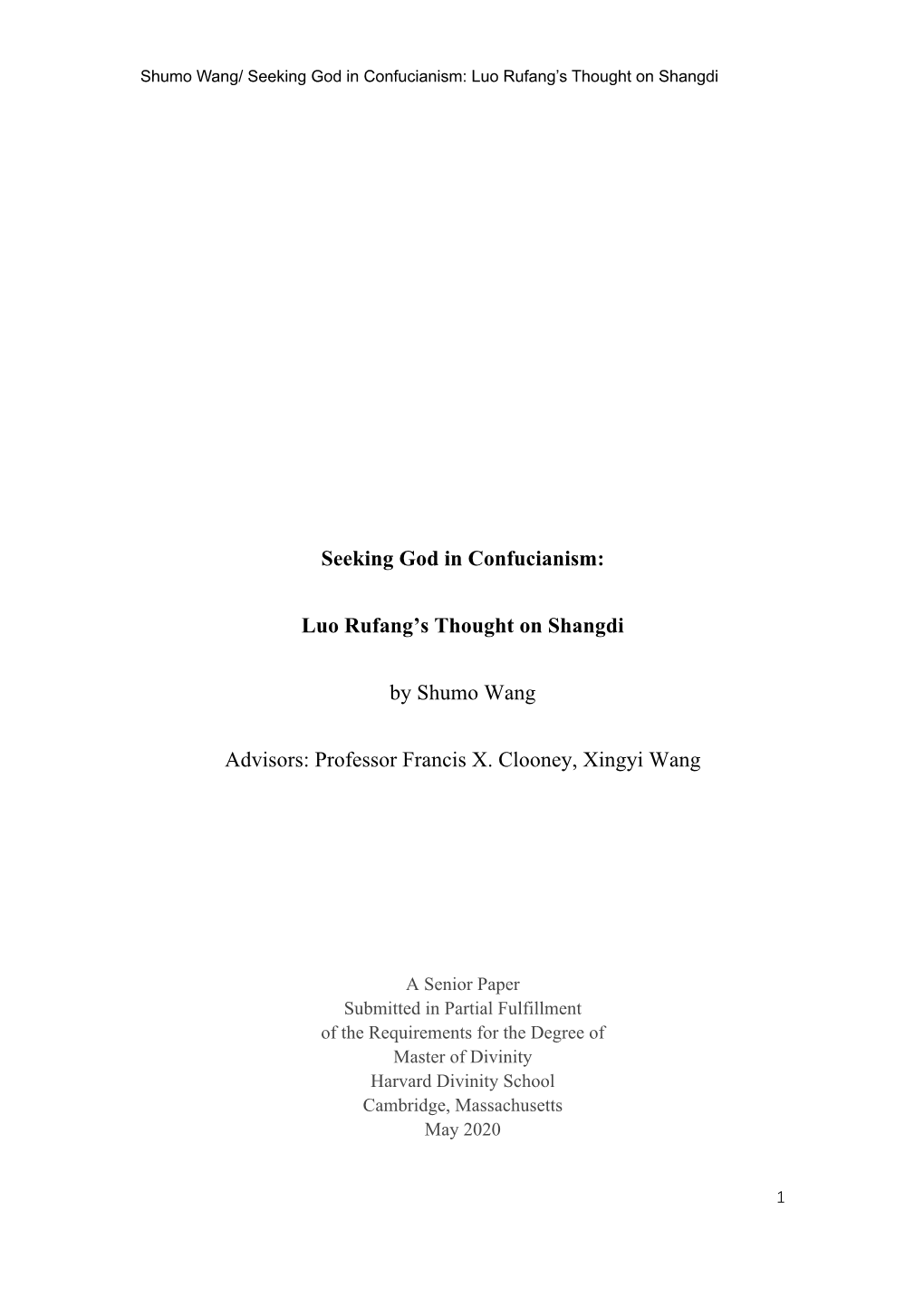 Seeking God in Confucianism: Luo Rufang’S Thought on Shangdi