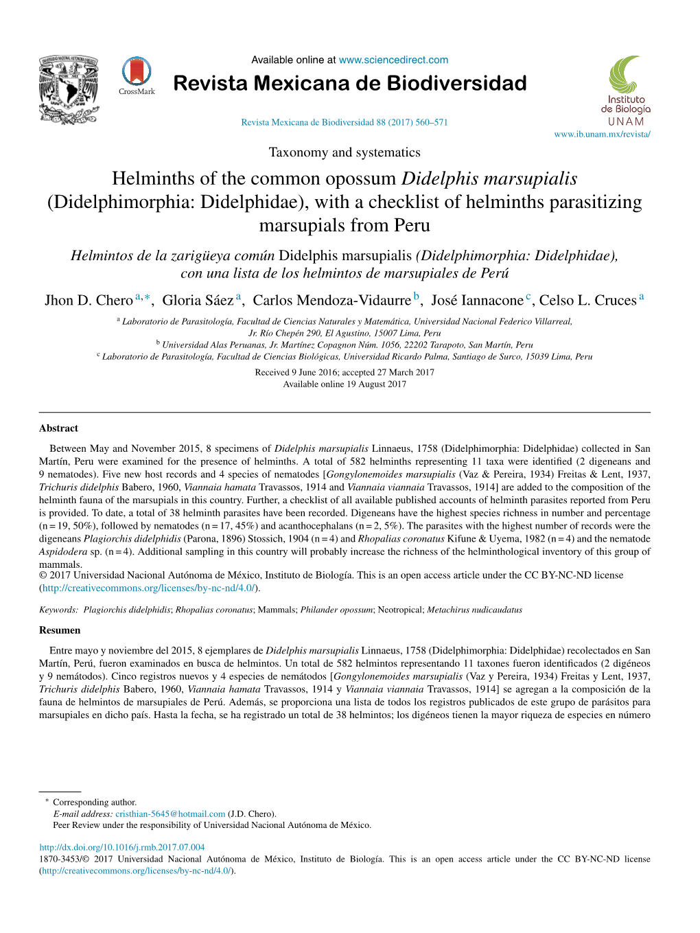 Helminths of the Common Opossum Didelphis Marsupialis