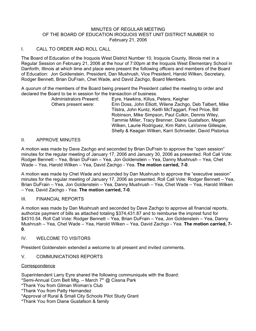 Minutes of a Regular Meeting of the Board of Education Iroquois West Unit District Number 10