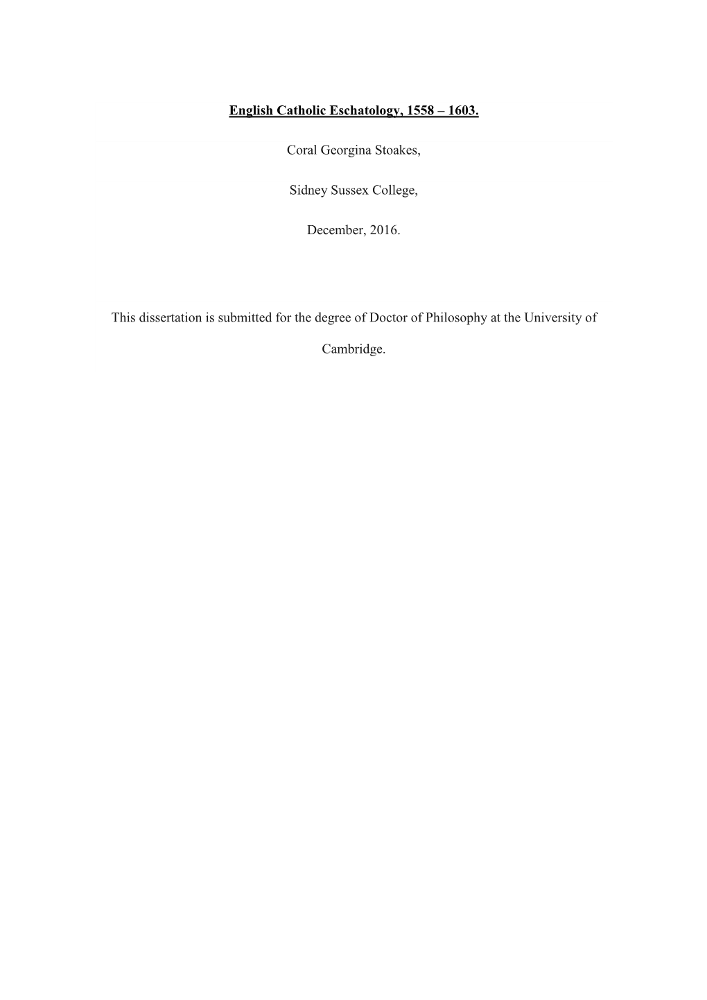 English Catholic Eschatology, 1558 – 1603