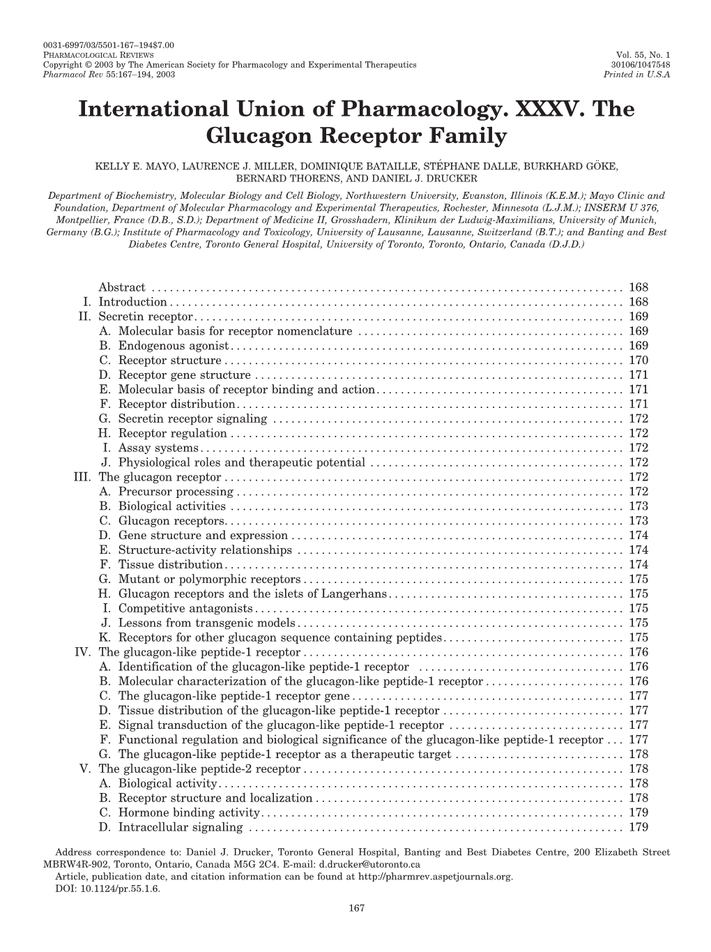 International Union of Pharmacology. XXXV. the Glucagon Receptor Family