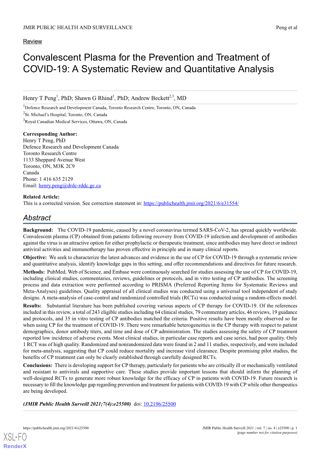 Convalescent Plasma for the Prevention and Treatment of COVID-19: a Systematic Review and Quantitative Analysis