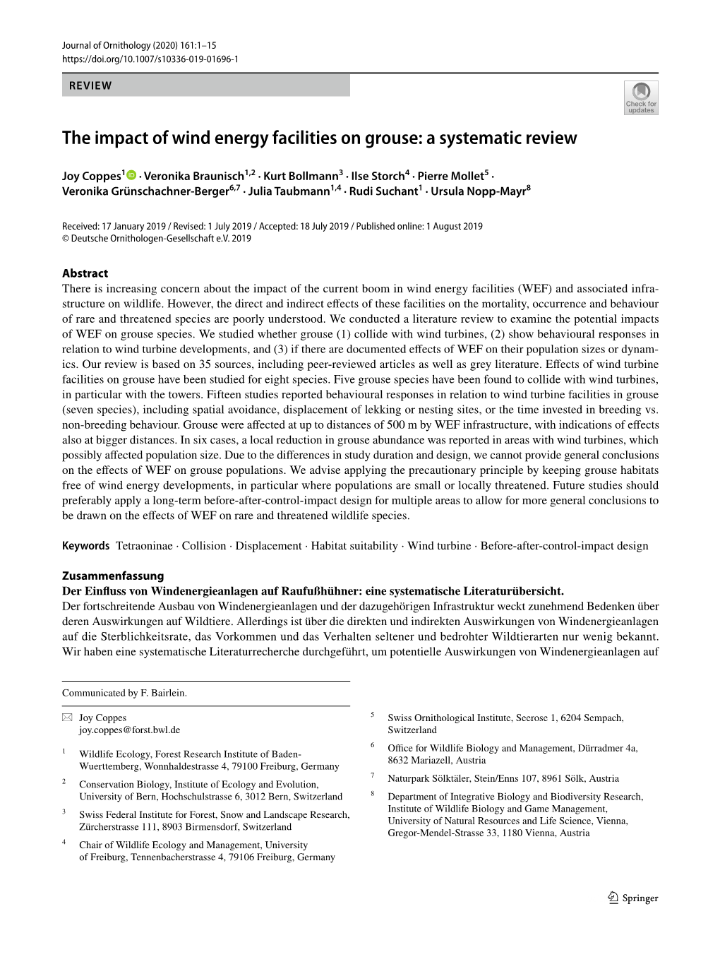 The Impact of Wind Energy Facilities on Grouse: a Systematic Review