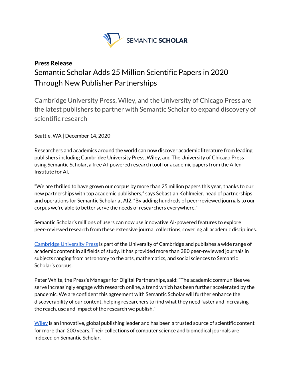 Semantic Scholar Adds 25 Million Scientific Papers in 2020 Through New Publisher Partnerships