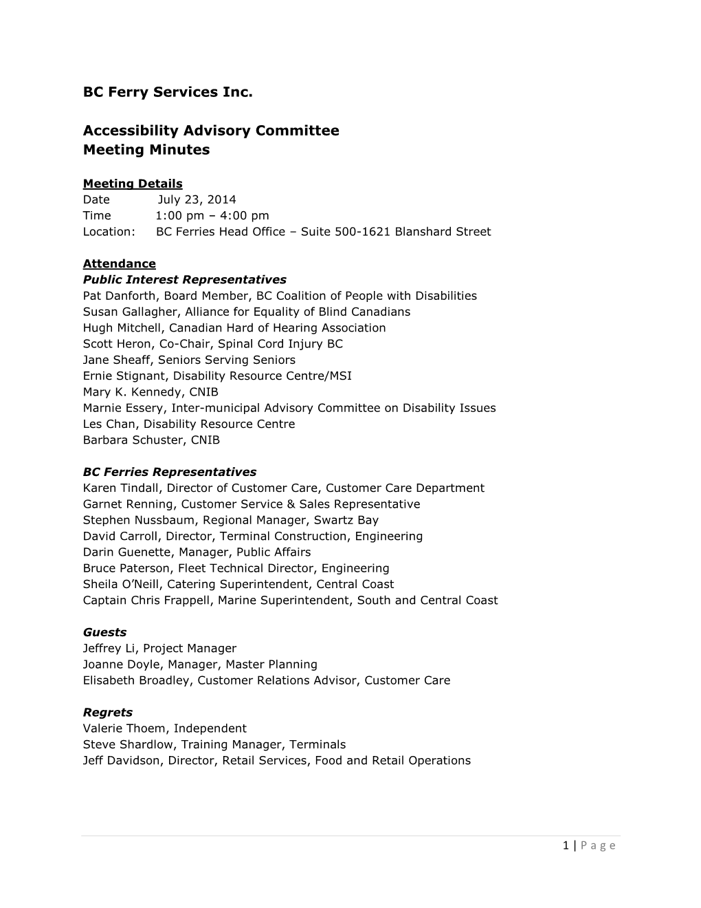 BC Ferry Services Inc. Accessibility Advisory Committee Meeting Minutes