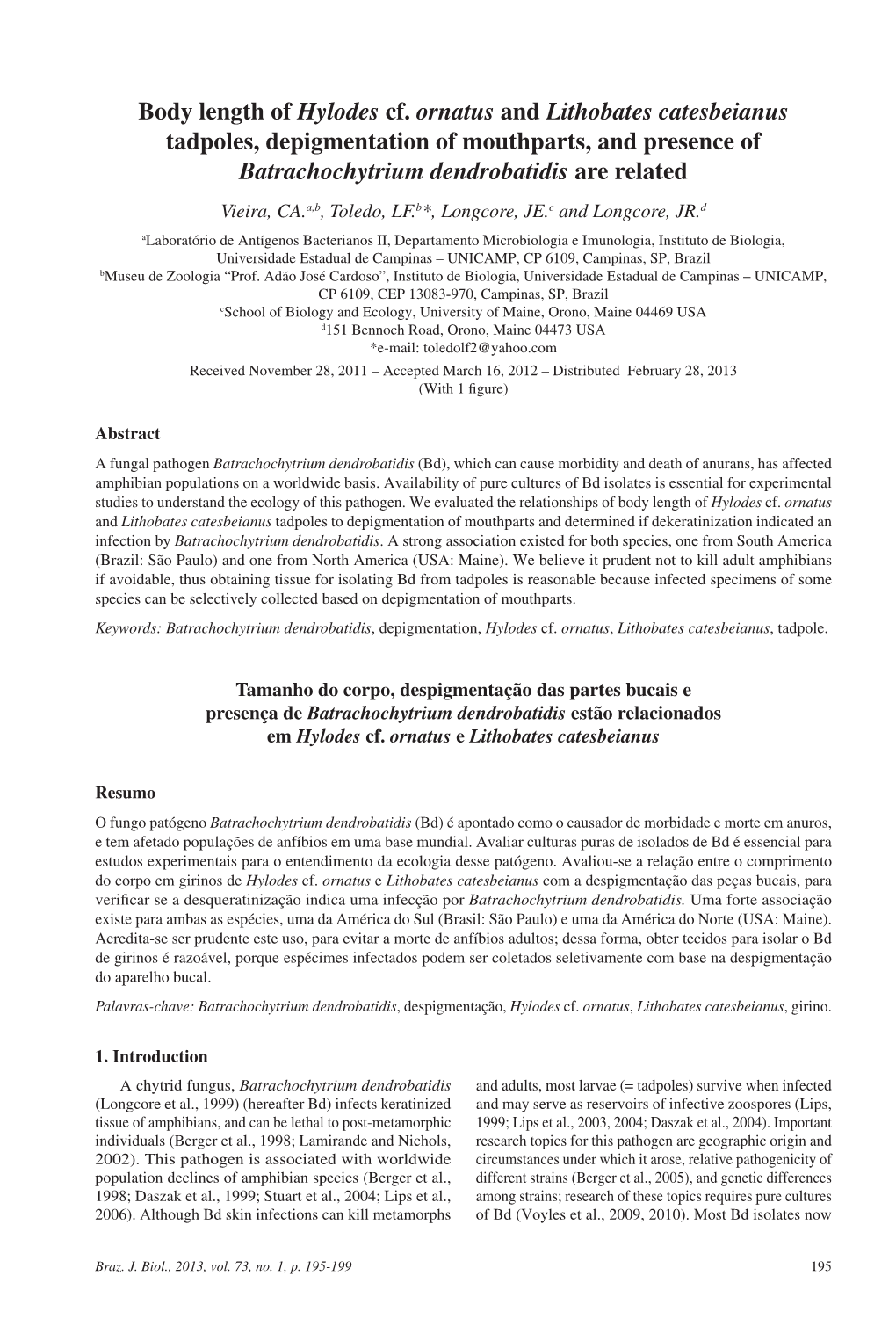 Body Length of Hylodes Cf. Ornatus and Lithobates Catesbeianus Tadpoles