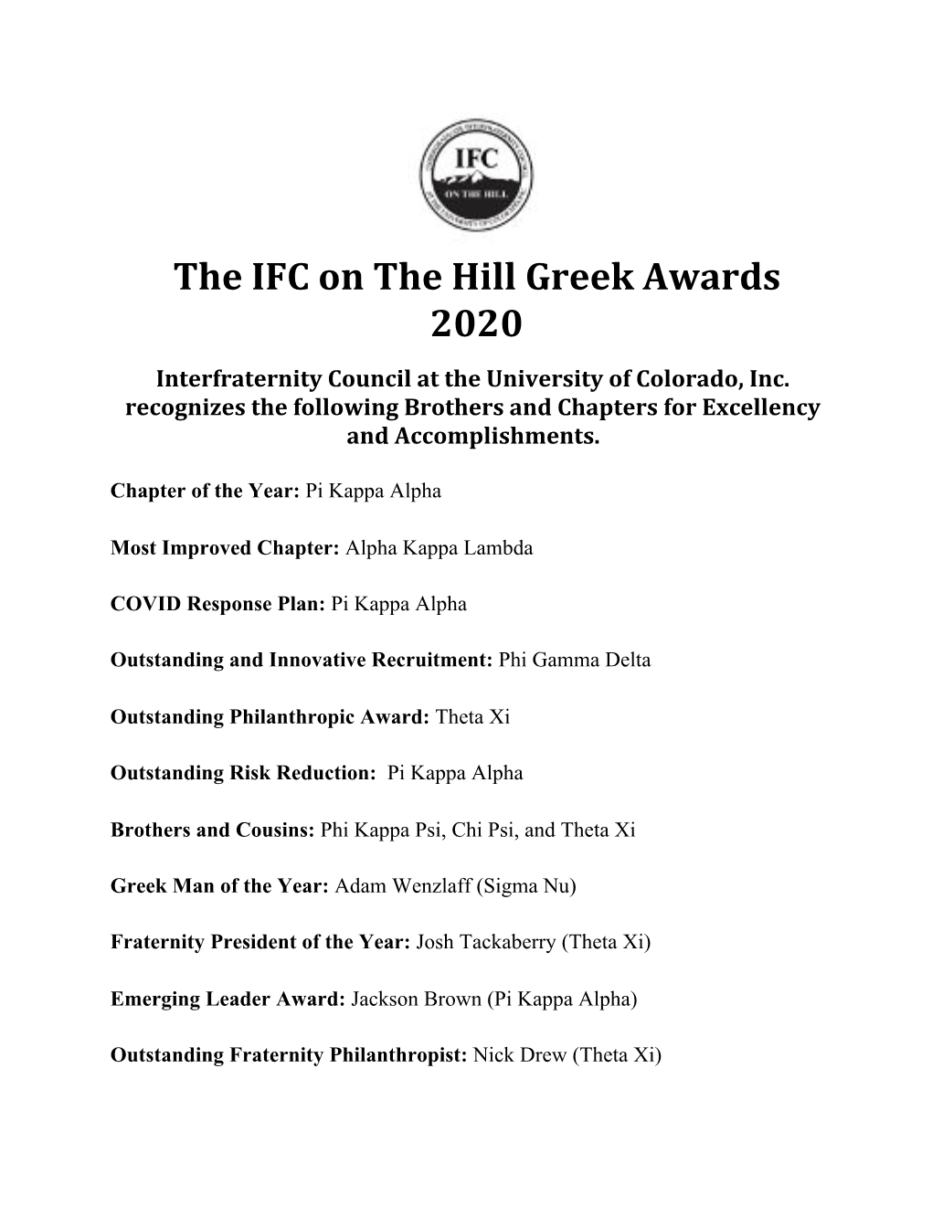 The IFC on the Hill Greek Awards 2020 Interfraternity Council at the University of Colorado, Inc