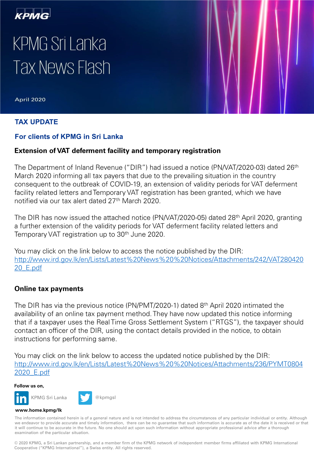 TAX UPDATE for Clients of KPMG in Sri Lanka Extension of VAT