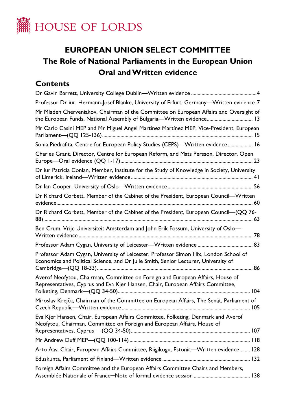 Evidence: the Role of National Parliaments in the European Union