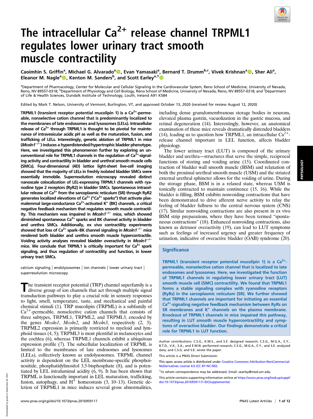 The Intracellular Ca2+ Release Channel TRPML1 Regulates Lower Urinary Tract Smooth Muscle Contractility