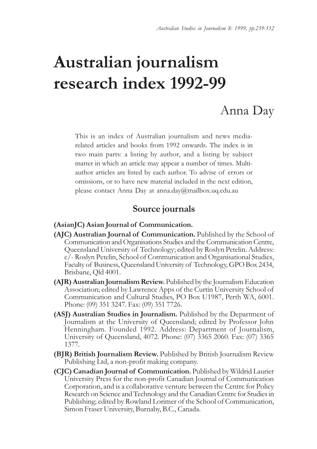 Australian Journalism Research Index 1992-99 Anna Day