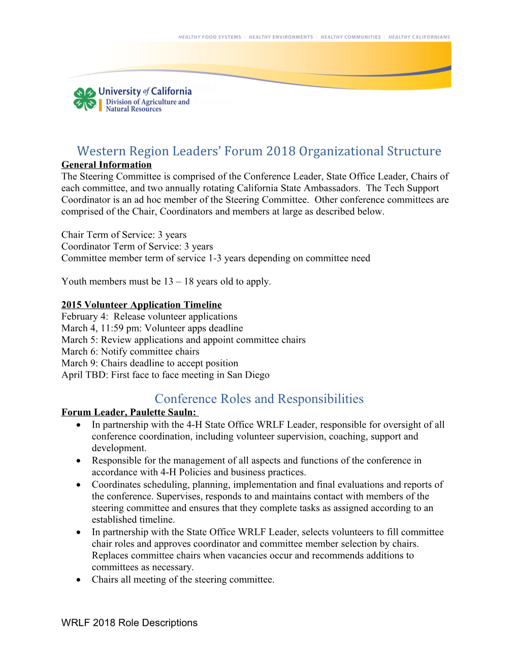 Western Region Leaders Forum 2018 Organizational Structure