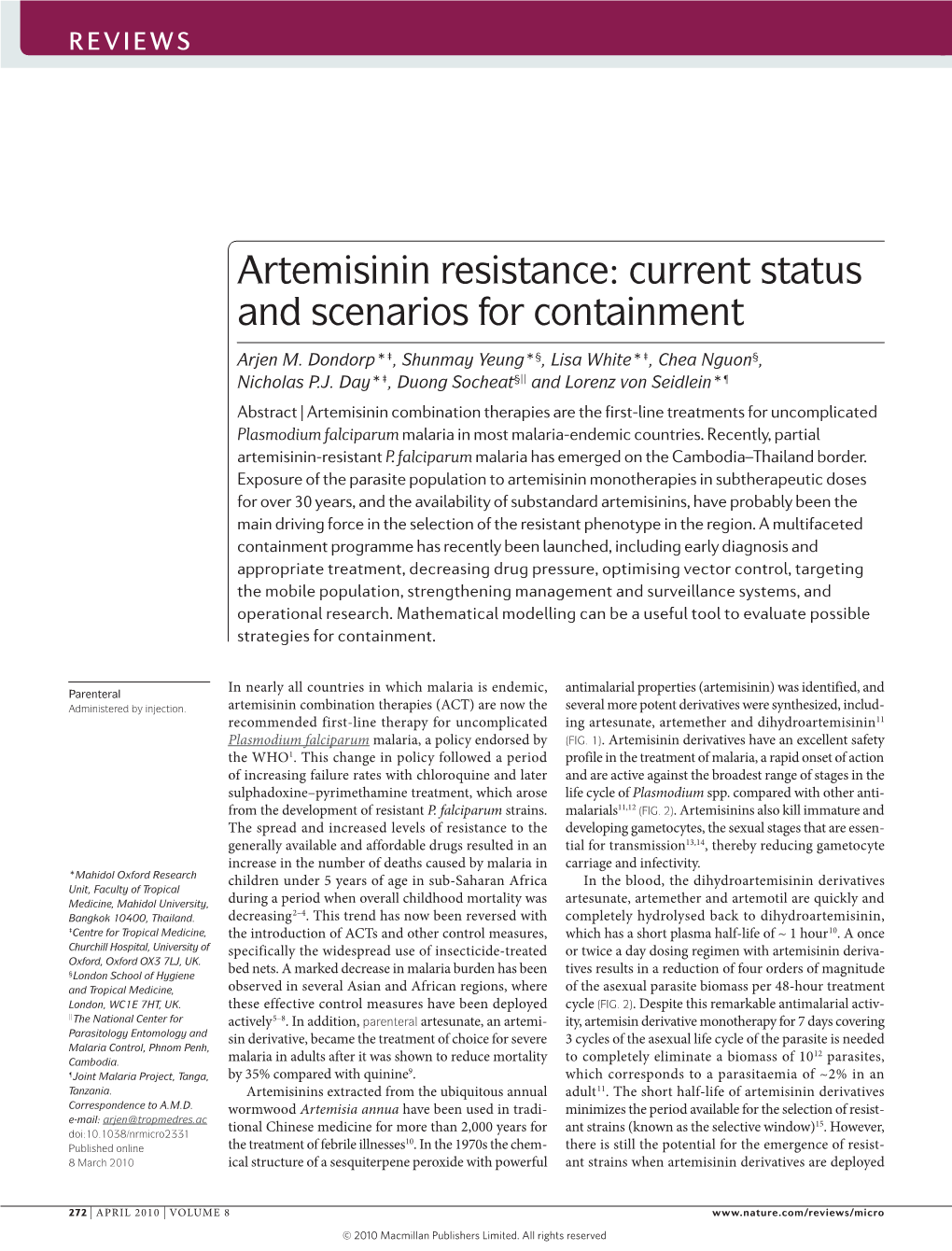 Artemisinin Resistance: Current Status and Scenarios for Containment