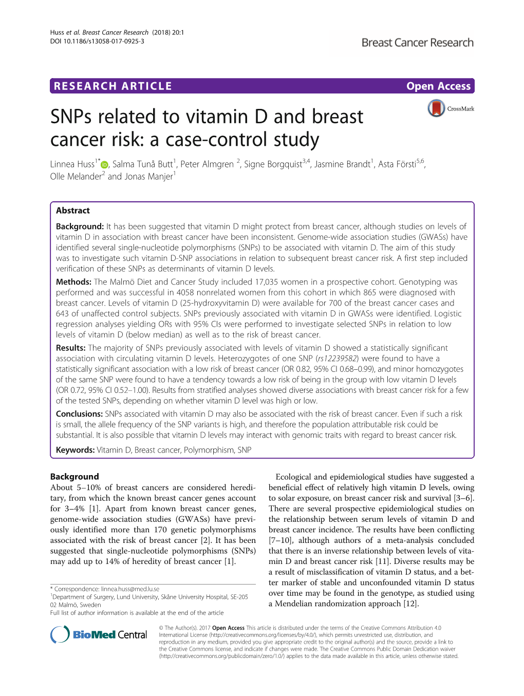 Snps Related to Vitamin D and Breast Cancer Risk