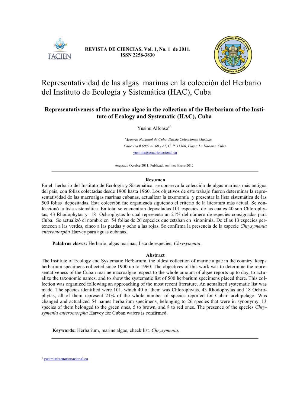 Representatividad De Las Algas Marinas En La Colección Del Herbario Del Instituto De Ecología Y Sistemática (HAC), Cuba