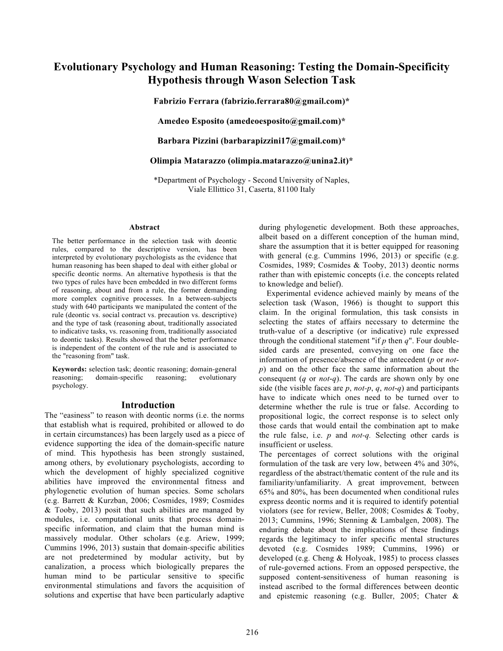 Evolutionary Psychology and Human Reasoning: Testing the Domain-Specificity Hypothesis Through Wason Selection Task