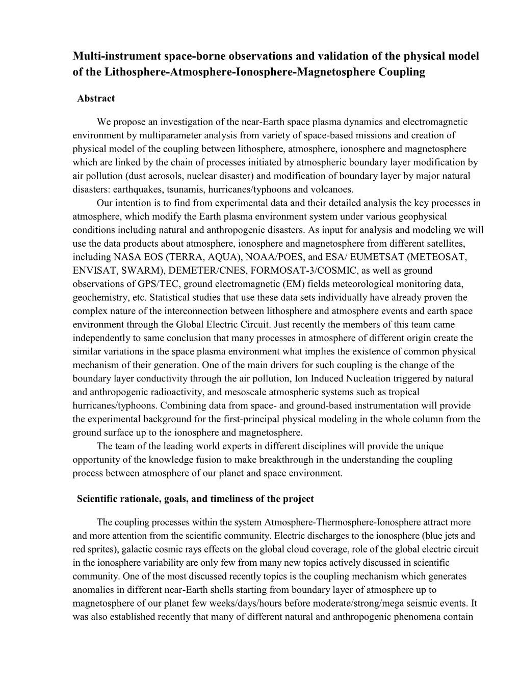 Multi-Instrument Space-Borne Observations and Validation of the Physical Model of the Lithosphere-Atmosphere-Ionosphere-Magnetosphere Coupling