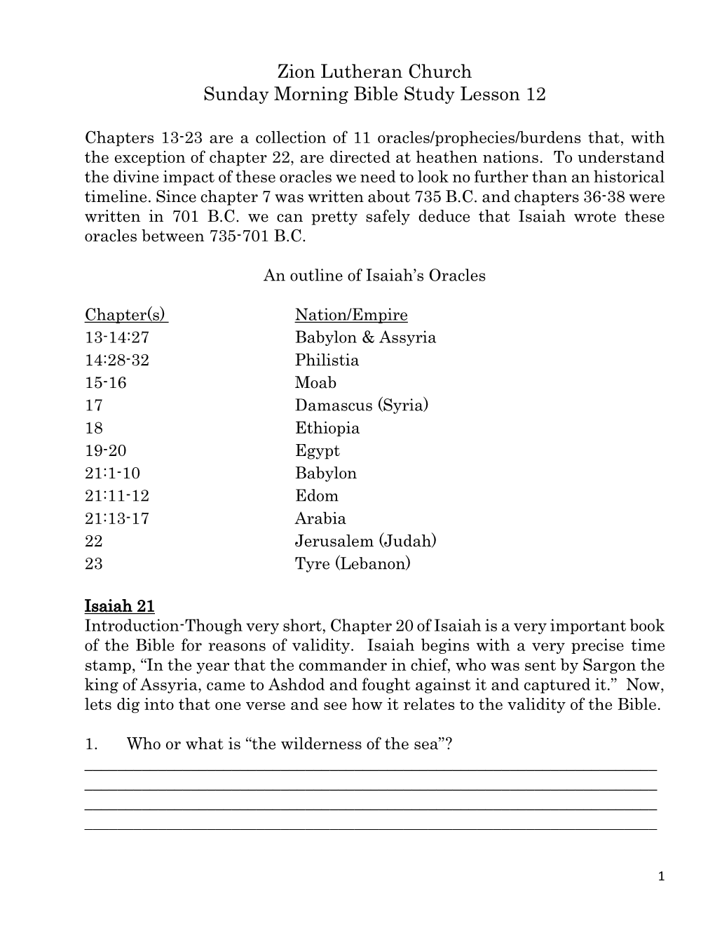 Zion Lutheran Church Sunday Morning Bible Study Lesson 12