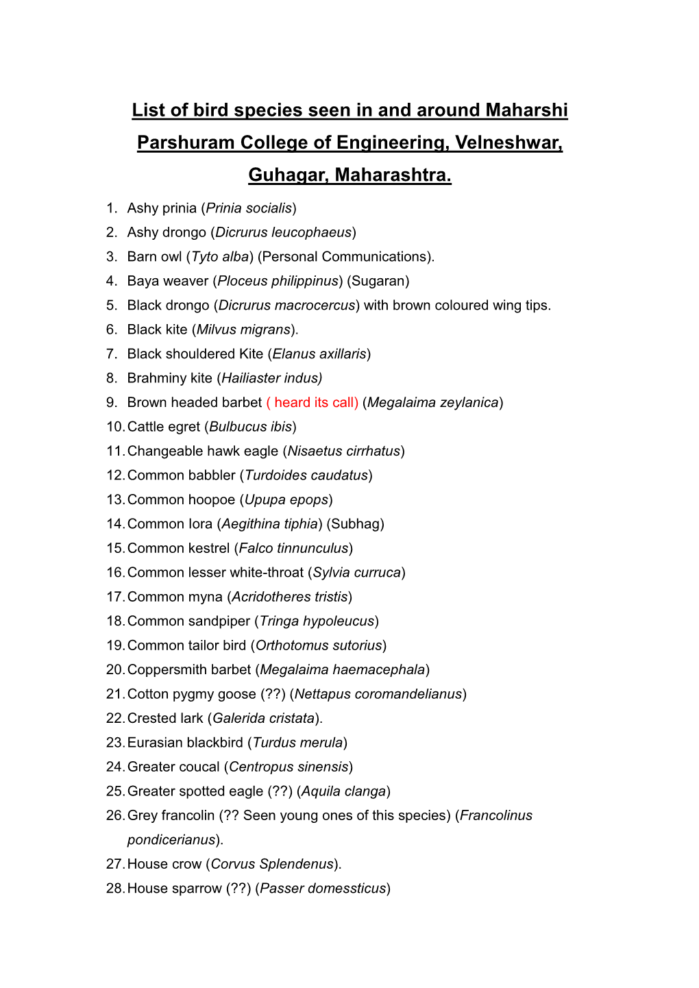 List of Bird Species Seen in and Around Maharshi Parshuram College of Engineering, Velneshwar, Guhagar, Maharashtra