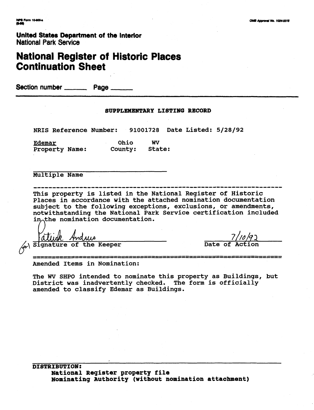 DISTRIBUTION: National Register Property File Nominating Authority (Without Nomination Attachment) NPS Form 10-900 OMB No