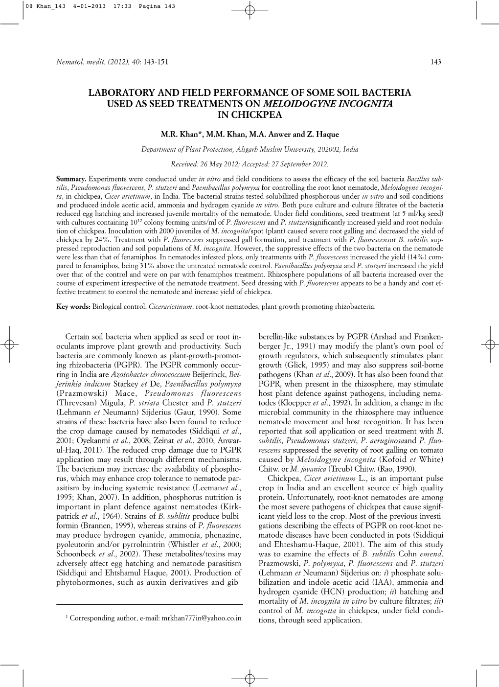 Laboratory and Field Performance of Some Soil Bacteria Used As Seed Treatments on Meloidogyne Incognita in Chickpea