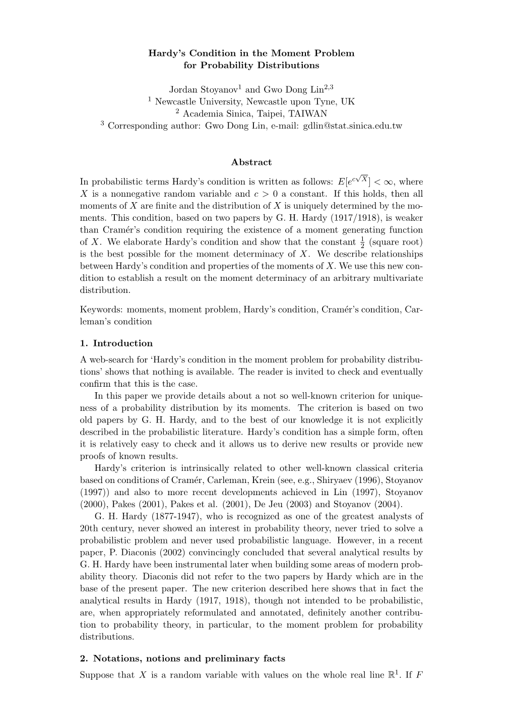 Hardy's Condition in the Moment Problem for Probability Distributions