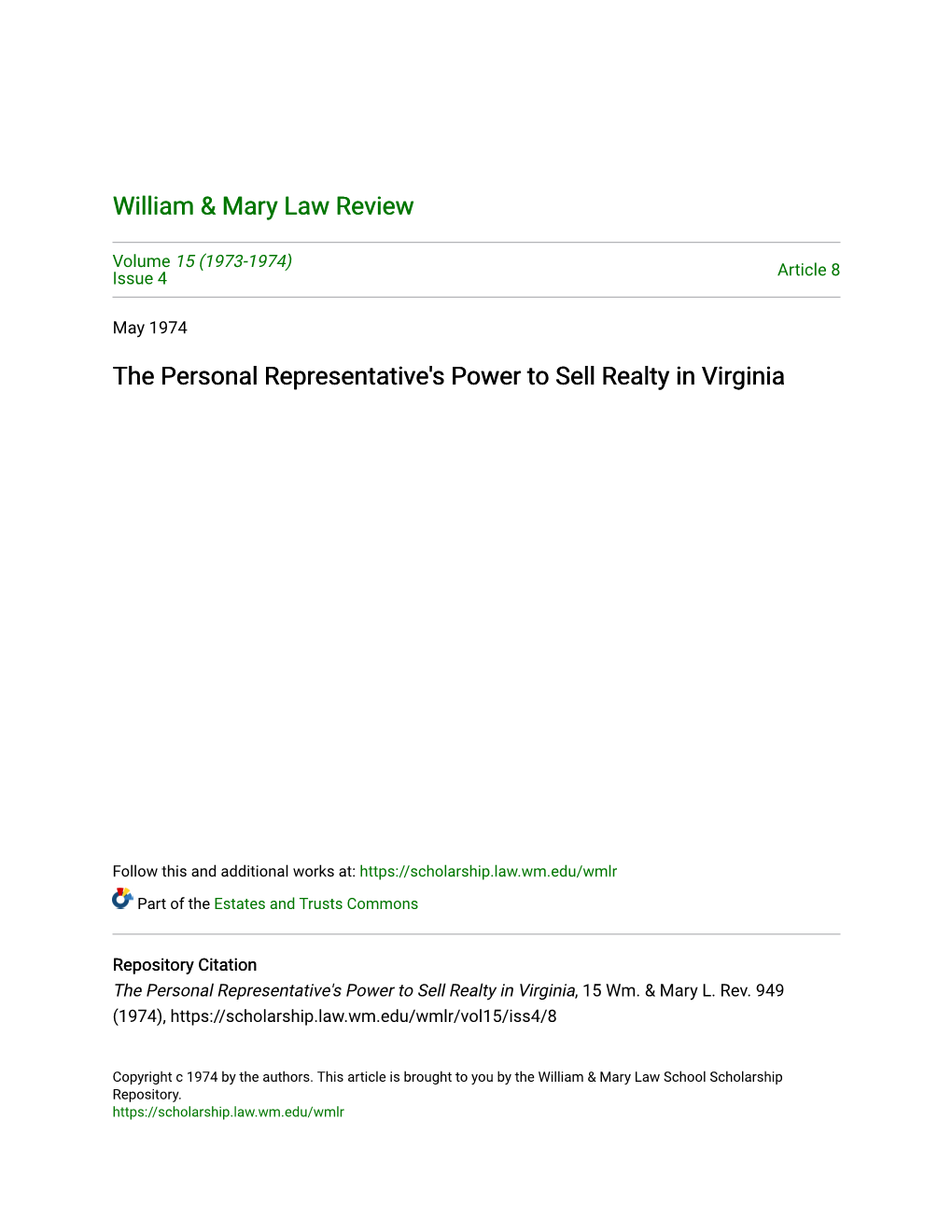 The Personal Representative's Power to Sell Realty in Virginia