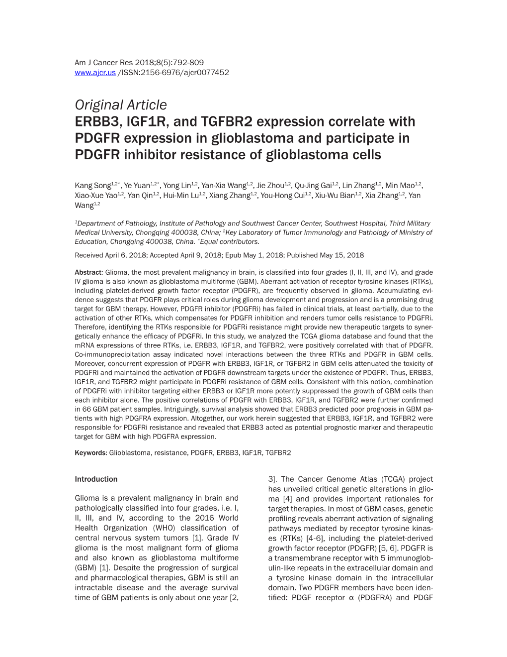 Original Article ERBB3, IGF1R, and TGFBR2 Expression Correlate With