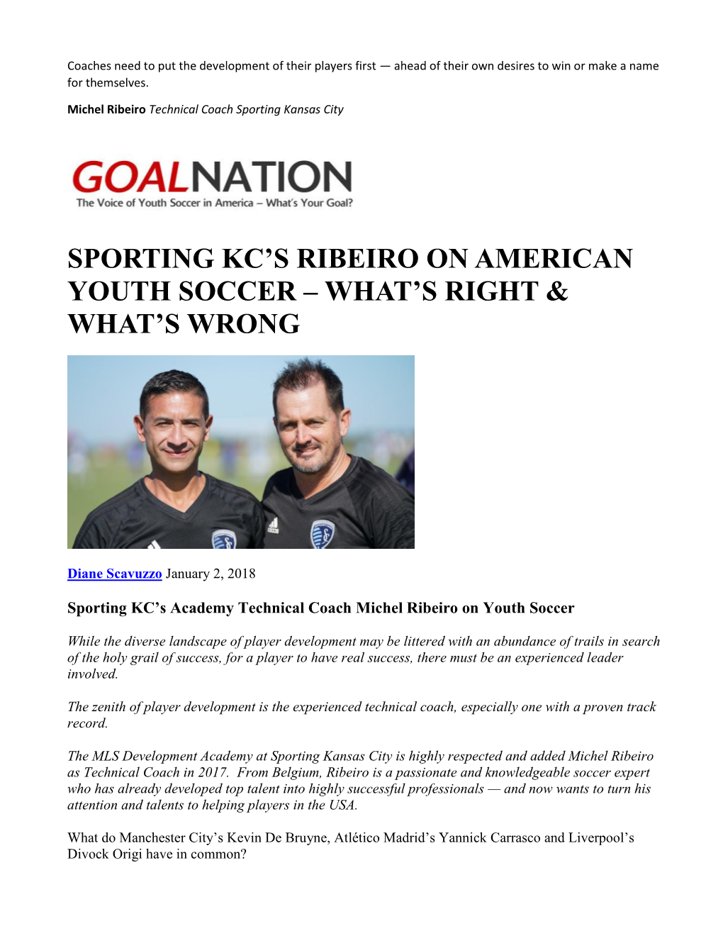 Sporting Kc's Ribeiro on American Youth Soccer