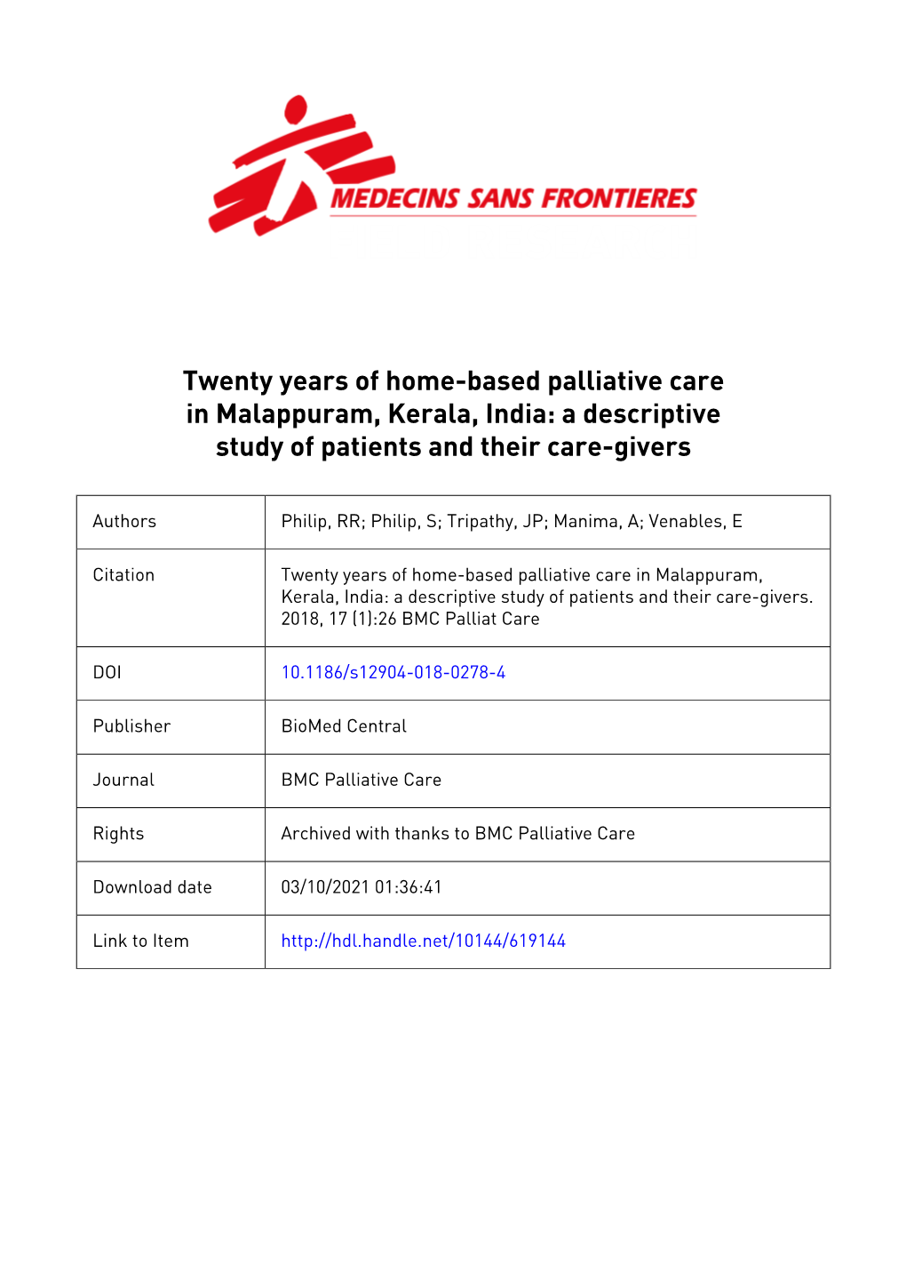 Twenty Years of Home-Based Palliative Care in Malappuram, Kerala, India: a Descriptive Study of Patients and Their Care-Givers