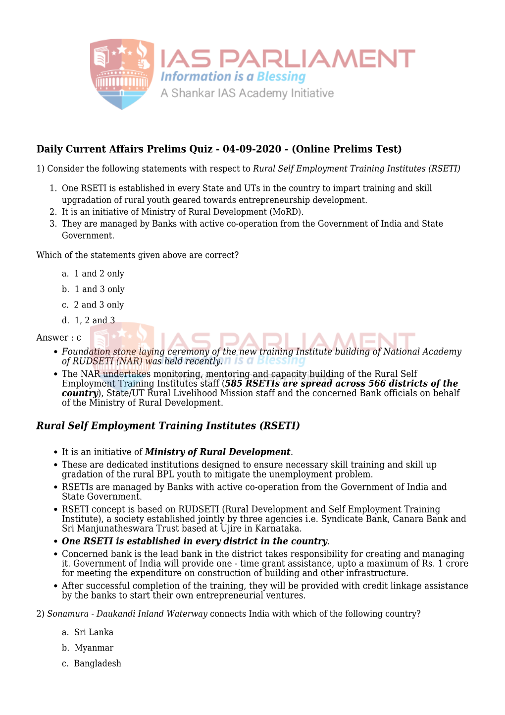 Daily Current Affairs Prelims Quiz - 04-09-2020 - (Online Prelims Test)