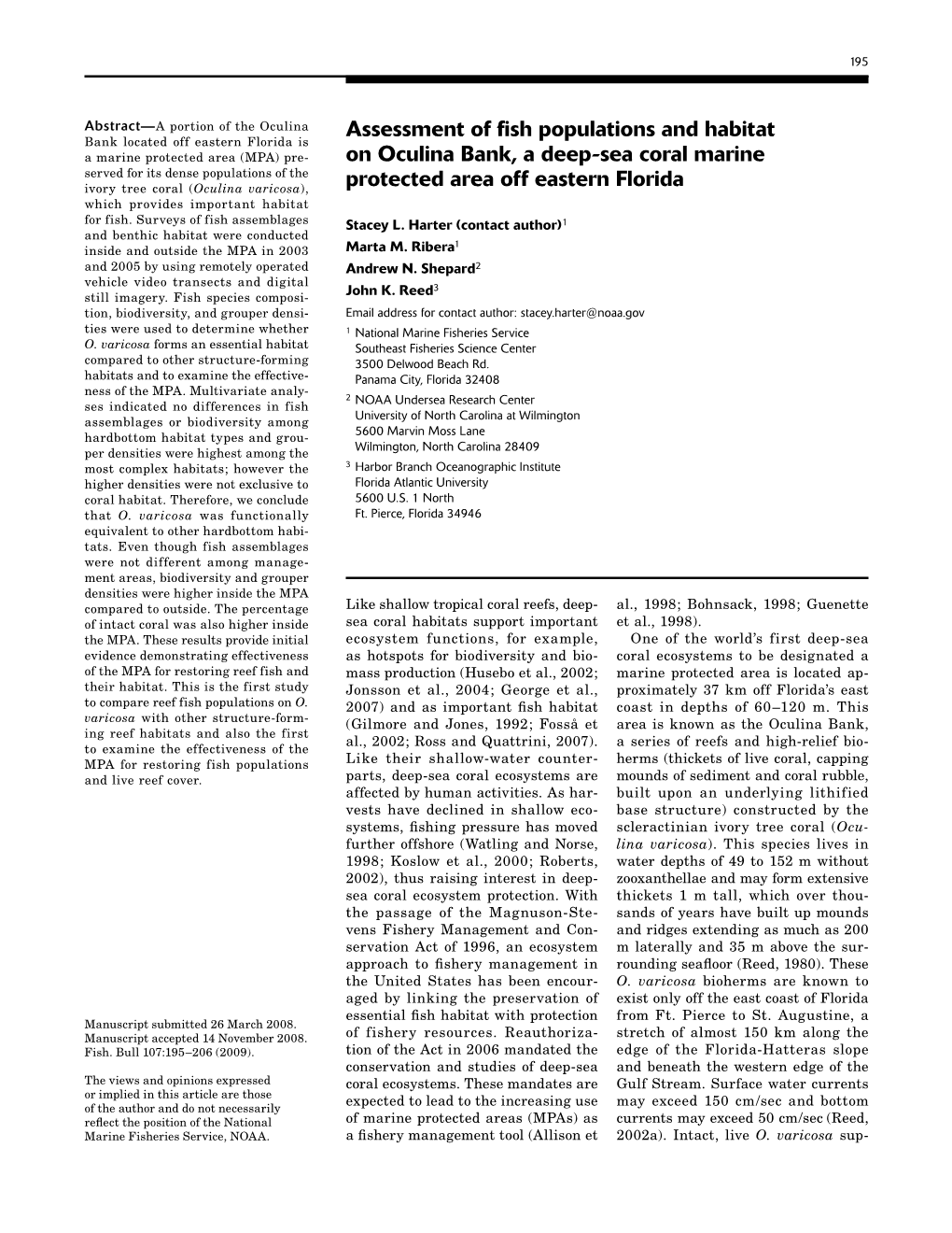 Fish Populations and Habitat Assessment on the Oculina Bank