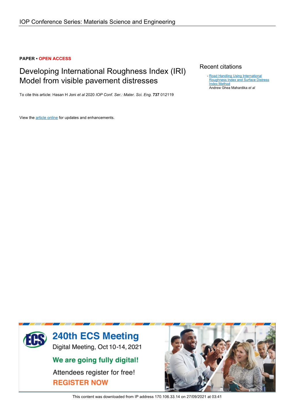 Developing International Roughness Index (IRI) Model from Visible Pavement Distresses