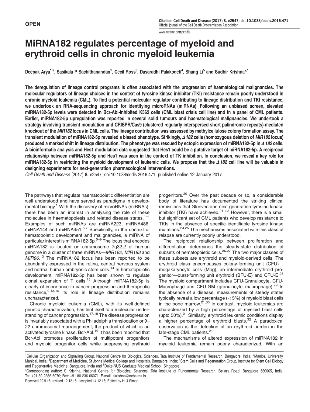 Mirna182 Regulates Percentage of Myeloid and Erythroid Cells in Chronic Myeloid Leukemia